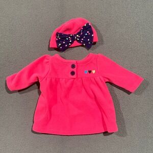 Gerber Baby Girl Hot Pink Fleece Tunic and Hat Set Newborn Heart Embroidery Bow